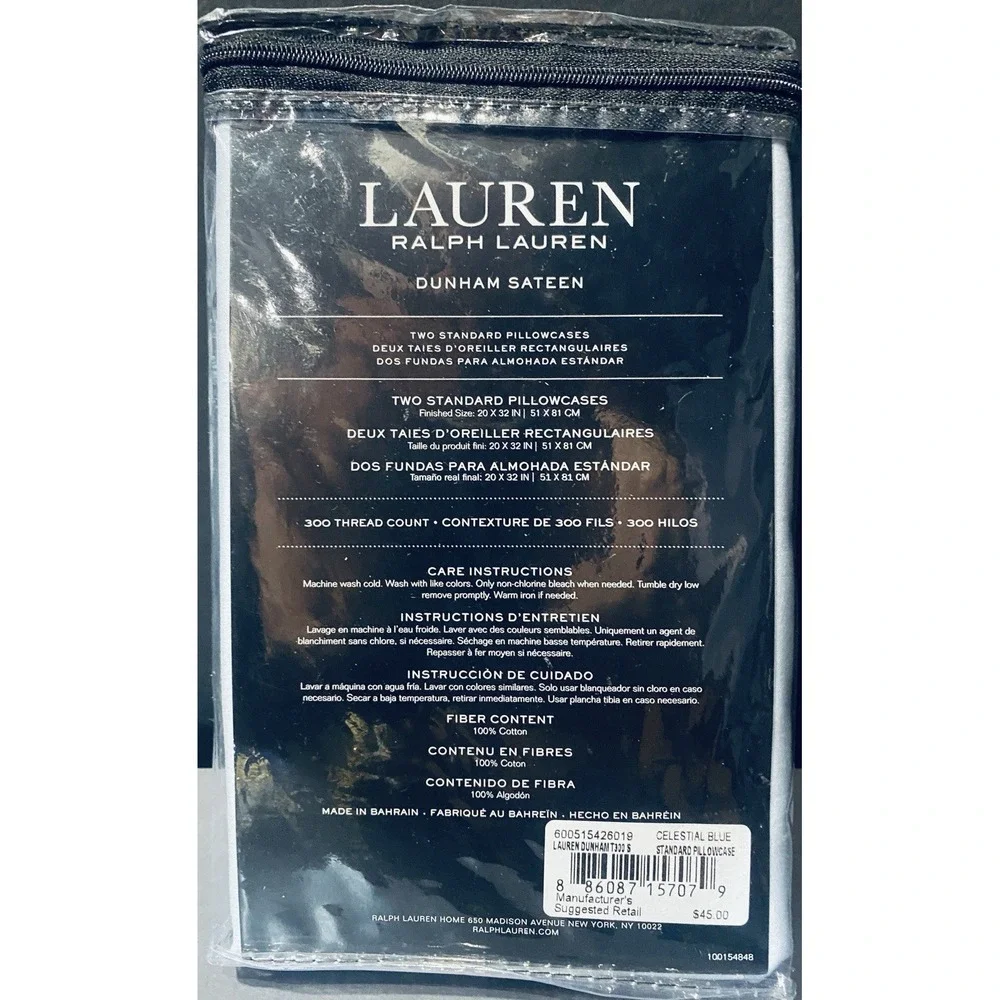 New Lauren Ralph Lauren 2 Standard Pillowcases Celestial Blue Dunham Sateen